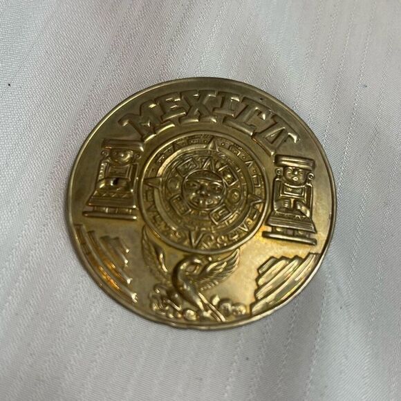 Mexican Aztec Calendar Alpaca Sun Stone Brooch Pin - Picture 2 of 6